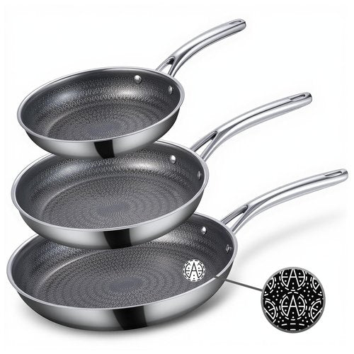 Ammeloo Hybrid Tri-Ply Stainless Steel Frying Pan Set, 8"/9.5"/11" Cooking Pans, Non Stick Frying Pans and Skillets, Chef Pan, Non Toxic, Dishwasher Safe, Induction Compatible, Black Interior