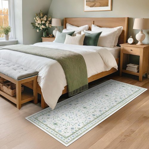 Hazo Haus Washable Oushak 2x6 Bathroom Runner Rug - Eclectic Boho Floral Design | Non-Slip, Stain-Resistant, Cream Green