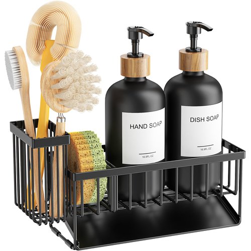 Cisily Kitchen Dish Soap Dispenser Set with 2 Pack 16.9oz Black Glass Bottle and Sponge Holder, Dish Soap Dispensers with Adjustable Sponge Holder, Vintage Hand and Dish Soap Dispensers Set