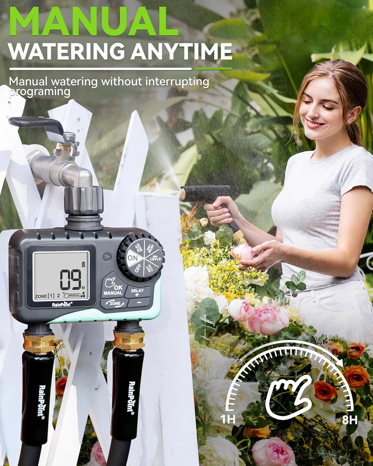RAINPOINT Water Timer for Garden Hose - 2-Zone Sprinkler System with Rain Delay & Automatic Irrigation