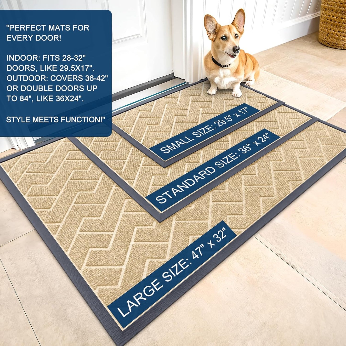 OLANLY Waterproof Front Door Mat - All-Season Herringbone Design | Easy Clean Natural Rubber, 36x24 Beige