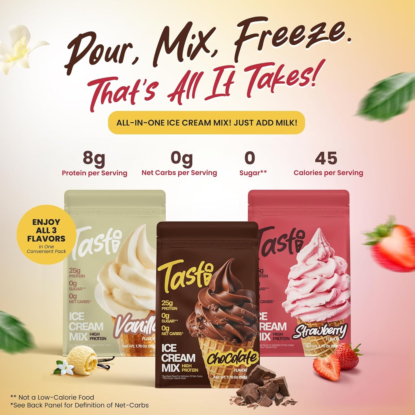TASTI High-Protein Ice Cream Mix - Sugar-Free Chocolate, Vanilla & Strawberry | 6-Pack (150 Calories)