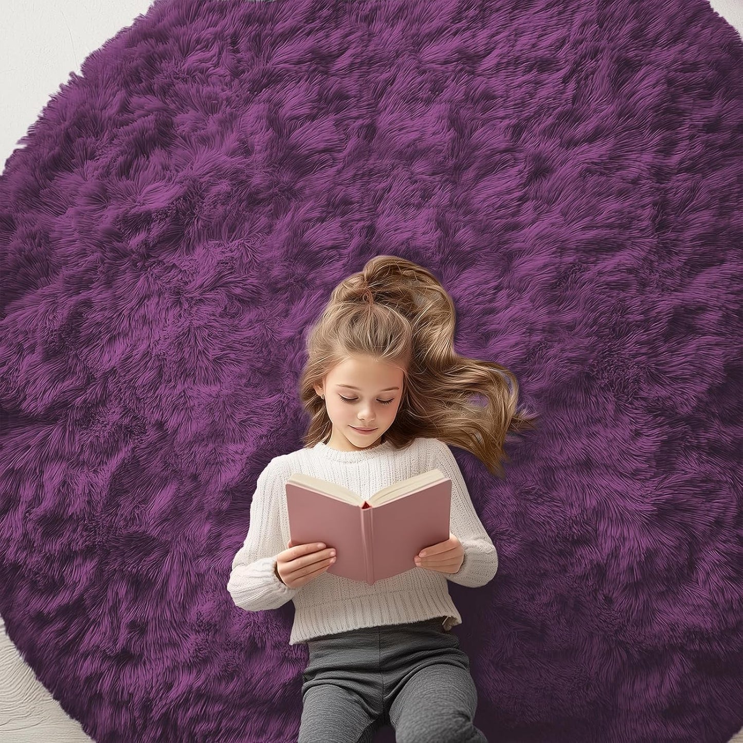 OLANLY Dark Purple Round Rug - Soft, Fluffy Shaggy Carpet | 6 ft Machine Washable Area Rug for Bedroom & Living Room Decor