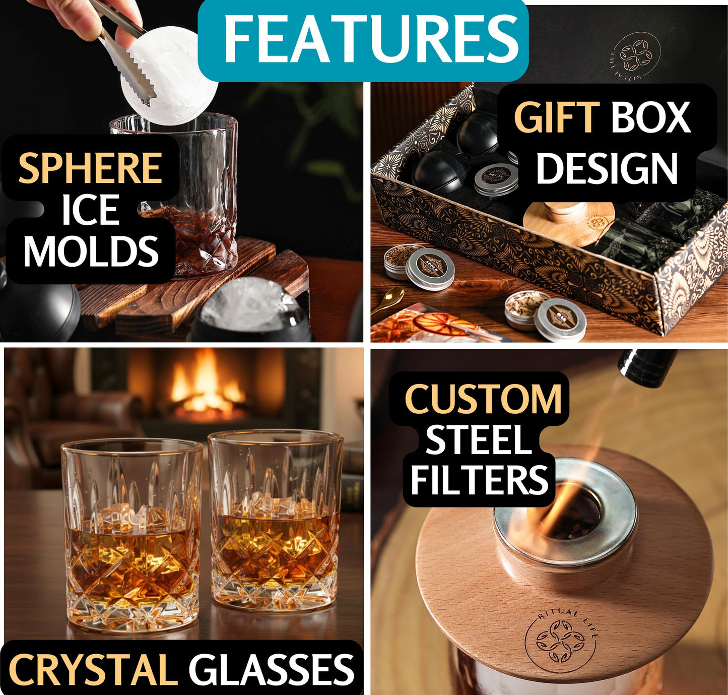 Whiskey Smoker Kit - Cocktail Smoker Kit with Torch, 2 Whiskey Glasses, 2 Ice Ball Makers, 6 Flavors Wood Chips - Old Fashioned Smokers - Bourbon Drink Smoking Set - Whiskey Accessories Gifts for Men