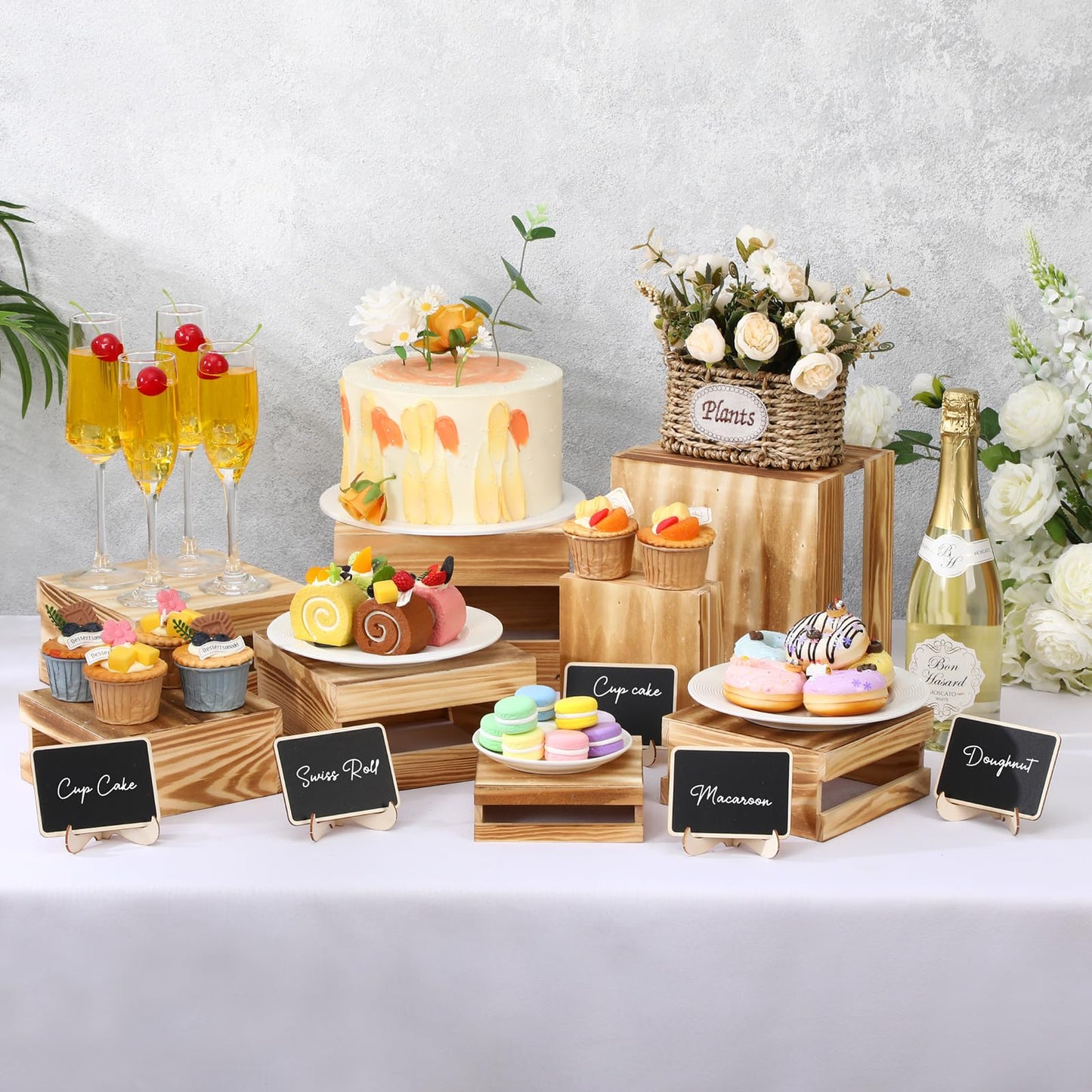 Lallisa 8 Pcs Buffet Risers with Mini Signs Bulk Wooden Food Risers for Buffet Table Rustic Wood Cake Stands Crate Dessert Display Stand with Hollow Bottoms for Wedding Birthday(Vintage Dark Brown)