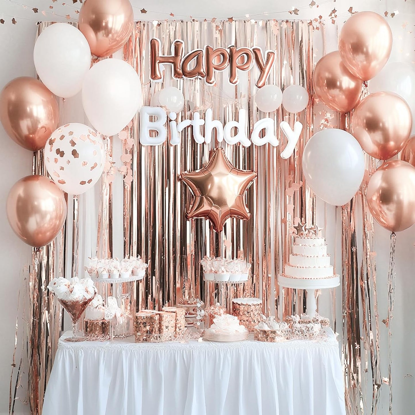 PartyWoo Rose Gold Curtains - 8.2ft Foil Fringe Backdrop for 21st Birthday & Bridal Showers
