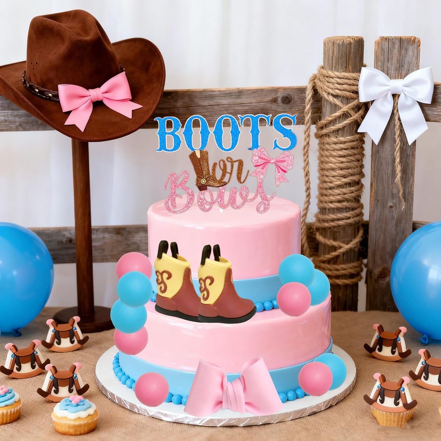 Regine Switzerland Gender Reveal Cake Decorations - Acrylic Boots & Bows Toppers Set for Baby Shower