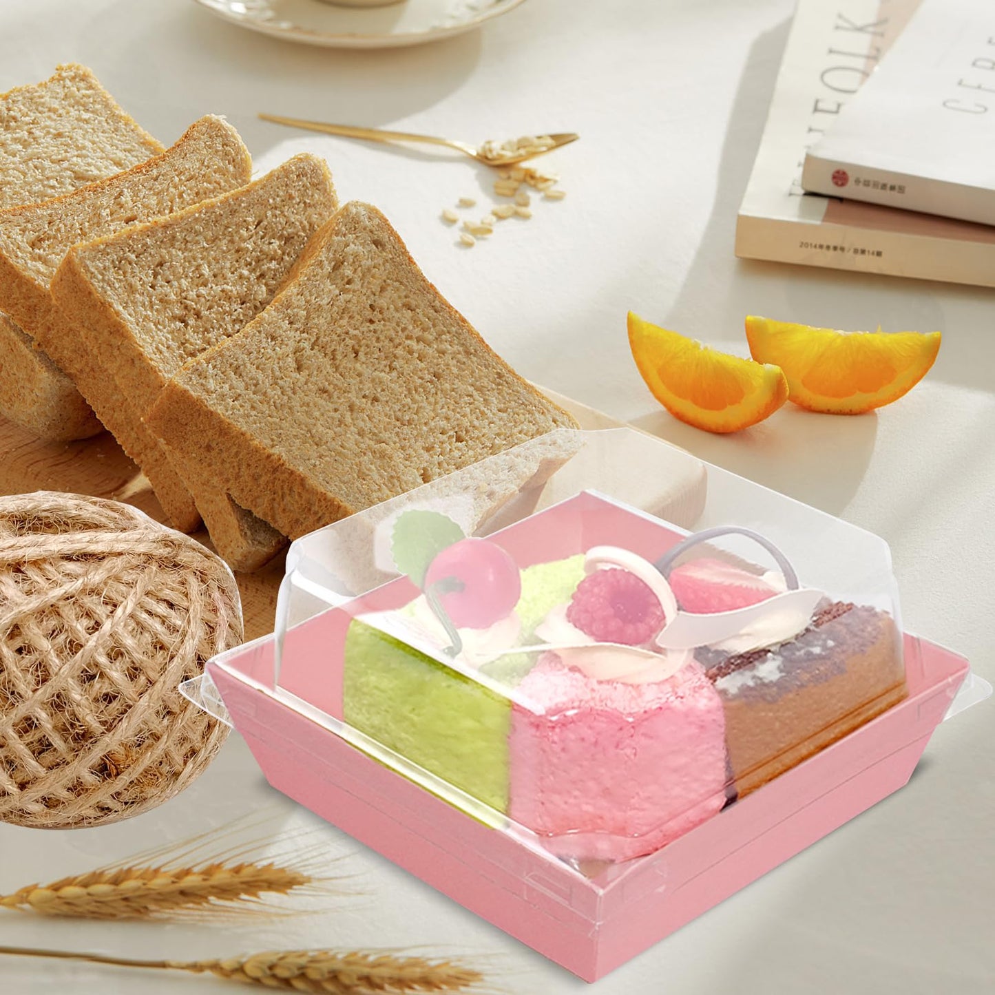 TANEMUDO 200 Pack Charcuterie Boxes with Clear Lids and Rope for 4 Inches Cake Boxes Disposable Square Dessert Food Containers for Bakery Cookies Strawberries Fruits Display (Pink)
