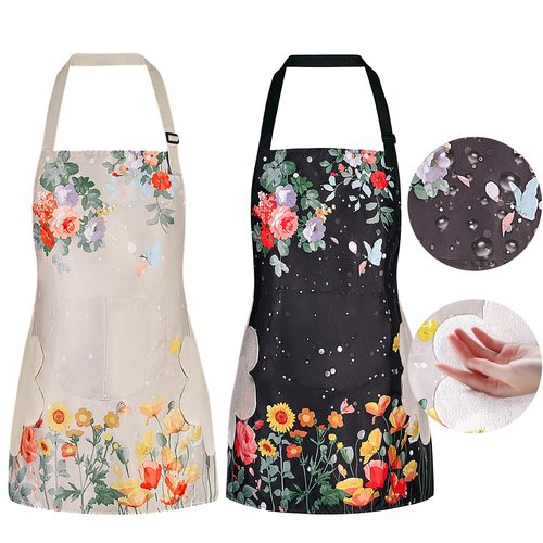 DILLMAN 2 Pack Floral Aprons with Pocket, Blooming Womens Aprons Waterproof Adjustable Cooking Aprons for Kitchen Gardening and Salon (2Pack #A)