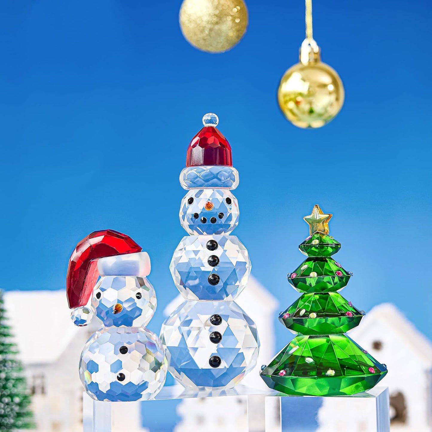 QFkris Crystal Snowman and Tree Figurines Set - Elegant Glass Christmas Decor | Small Tabletop Paperweights