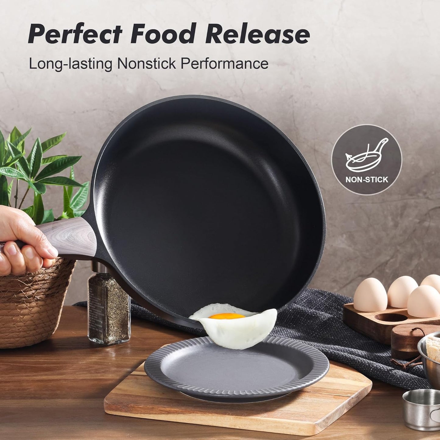 SENSARTE Nonstick Frying Pan - 9.5-Inch Omelette Skillet with Lid | Healthy Cooking, Induction Compatible, Black