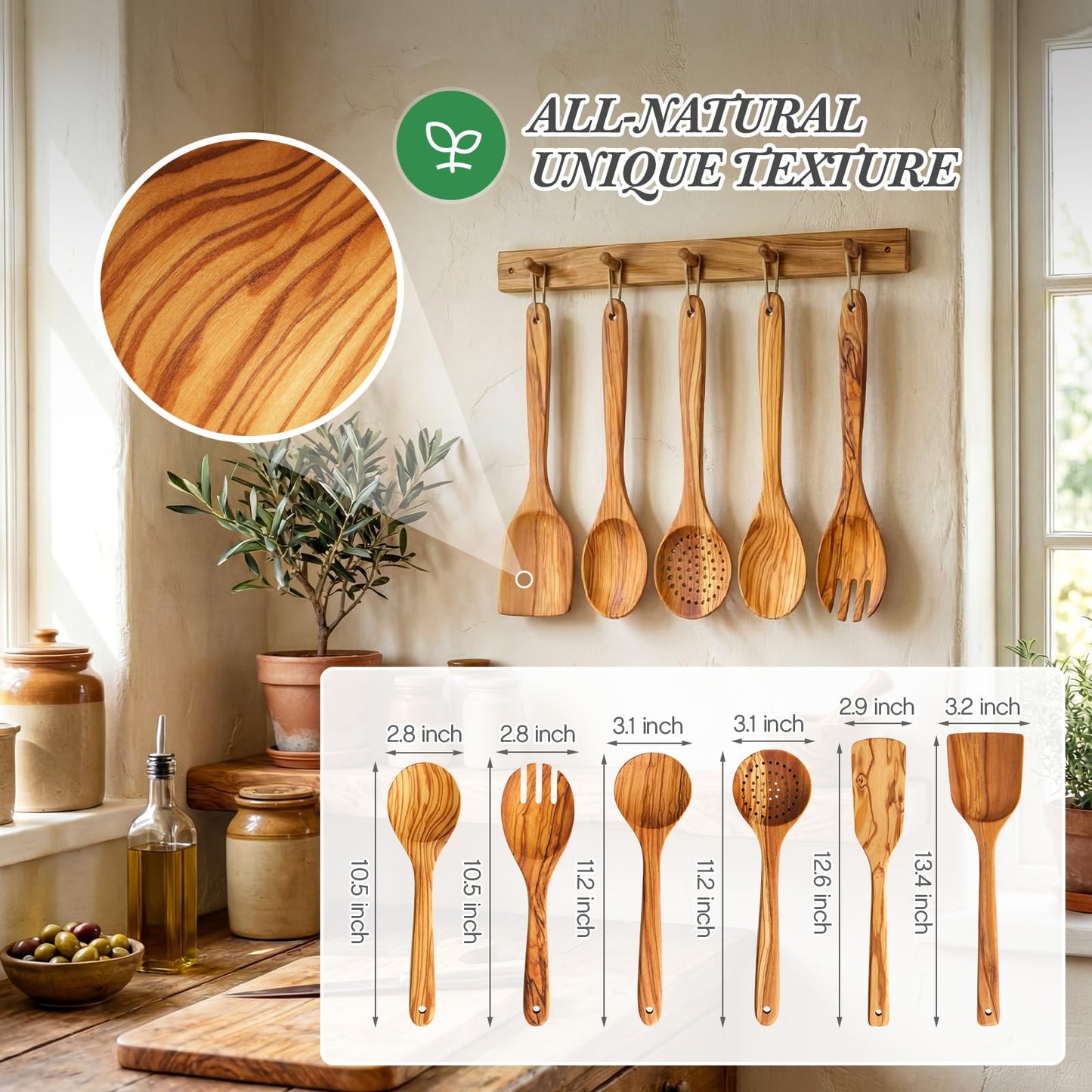 Qinyoung 6 Pack Olive Wood Cooking Utensils Olive Wood Kitchen Utensils Mixing Spatula Spoon Fork Set with Gift Box for Cooking Baking Meal, Birthday Anniversary Mother's Day Housewarming Gifts