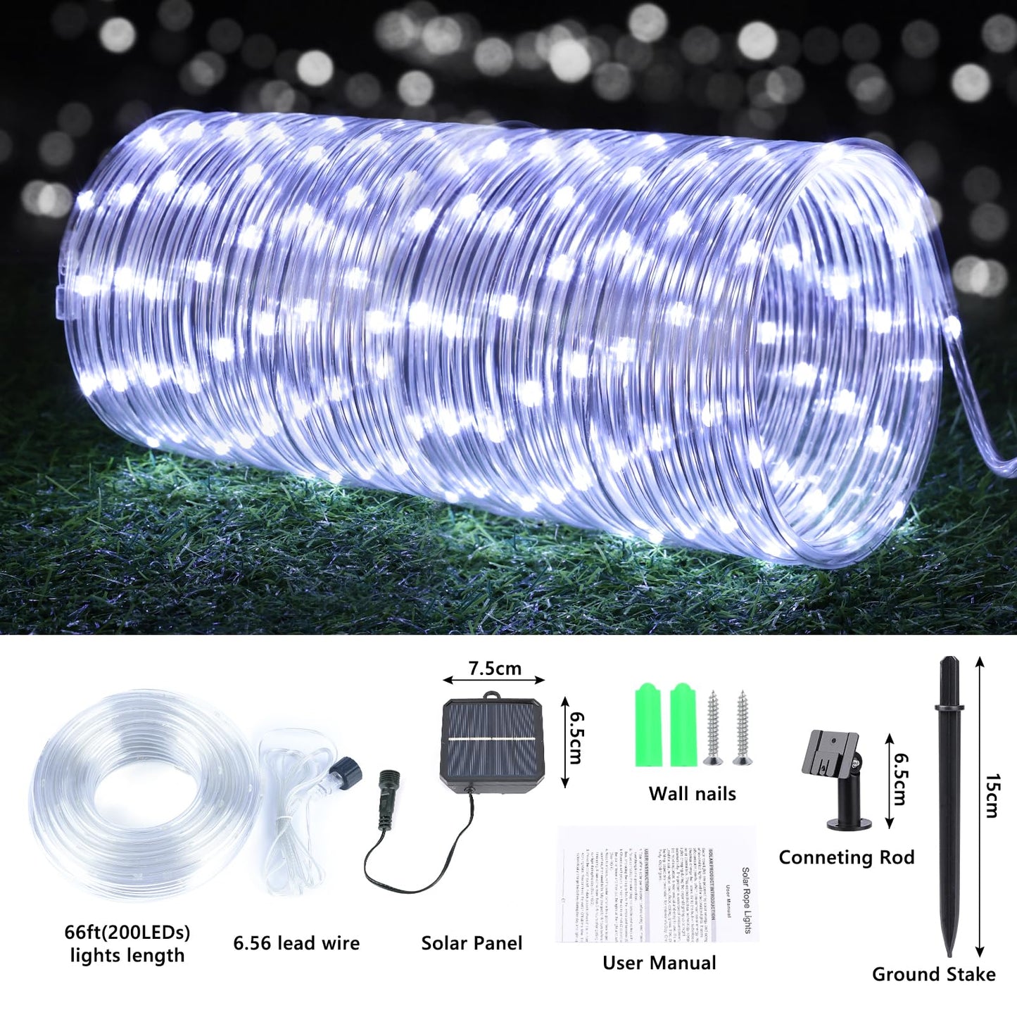 Solar Rope Lights, 2 Pack Total 132ft 400LED Solar String Lights, 8 Modes Waterproof Solar Powered Outdoor Light, Flexible Clear Tube Light for Garden Backyard Patio Deck Porch Pool Tree Decor - White