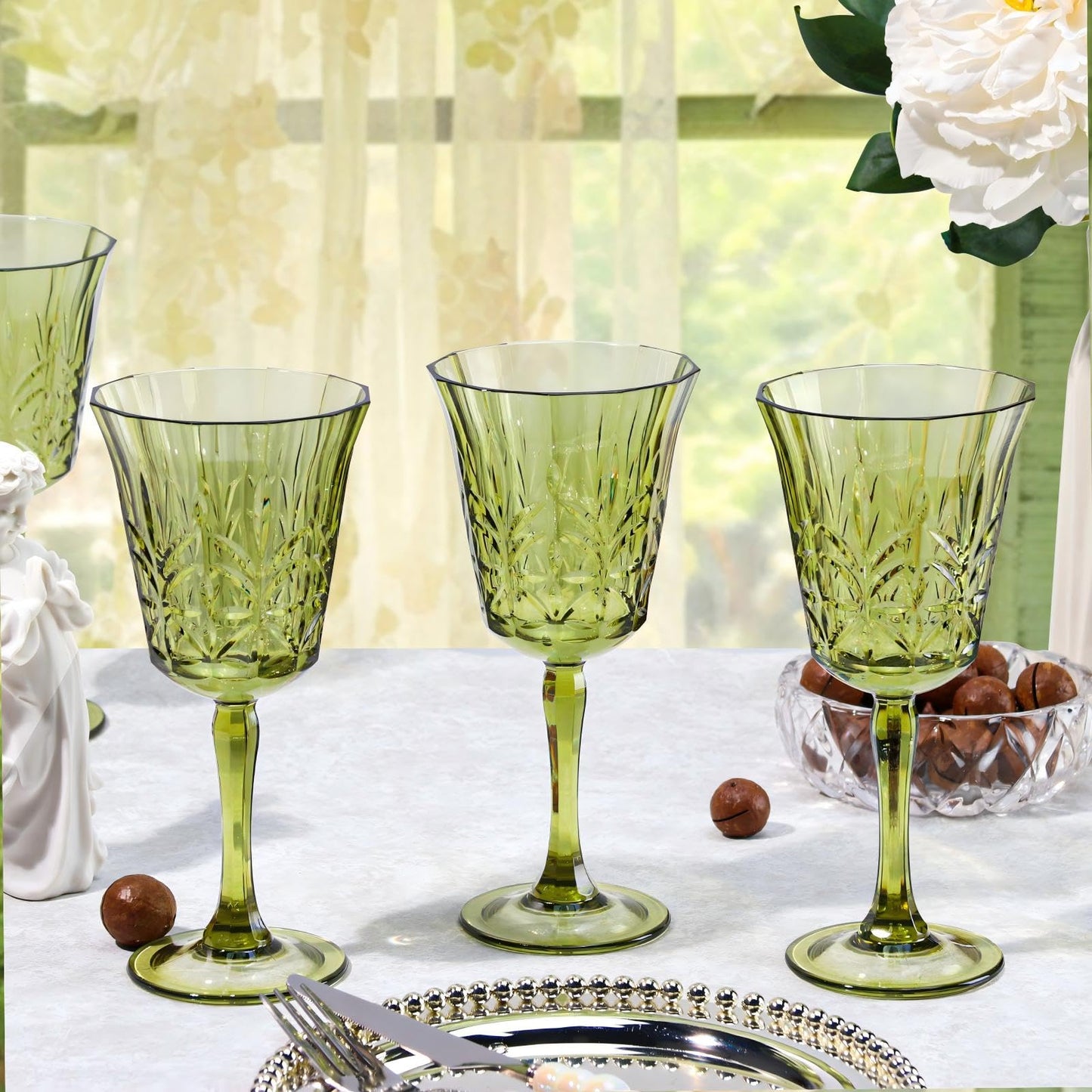 10oz Green Plastic Wine Glasses Goblets Stemmed Wine Glasses Set of 12 Shatterproof and Reusable Crystal Glasses Set for Wedding Reception Grand Event Party Ceremony (12, Green)
