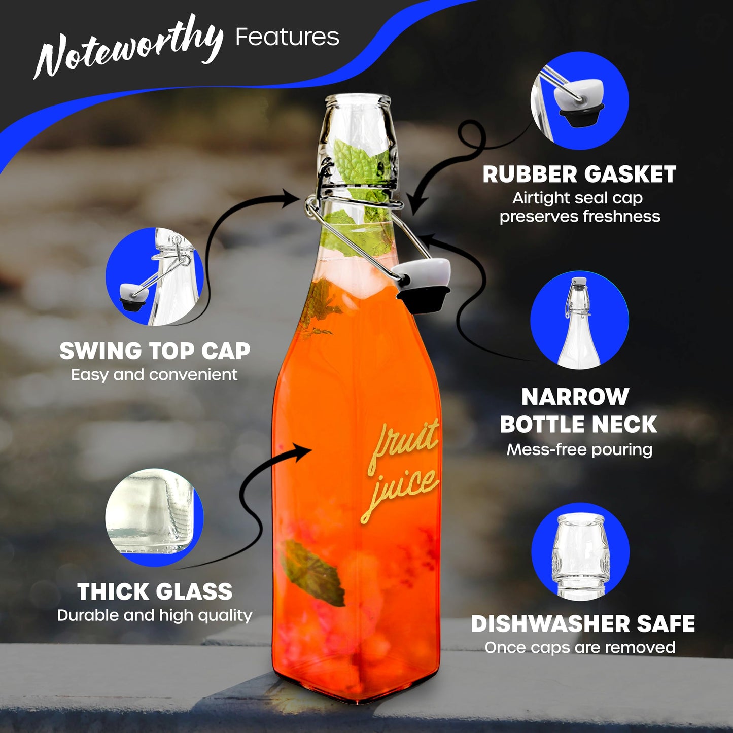 Nevlers 17 Oz Square Flip Top Glass Bottle with Lid 6 Pack | Swing Top Glass Bottles with Airtight Lids, Funnel, Brush & Gold Marker | Coquito Bottles with Caps | Juice, Extract & Syrup Container Set