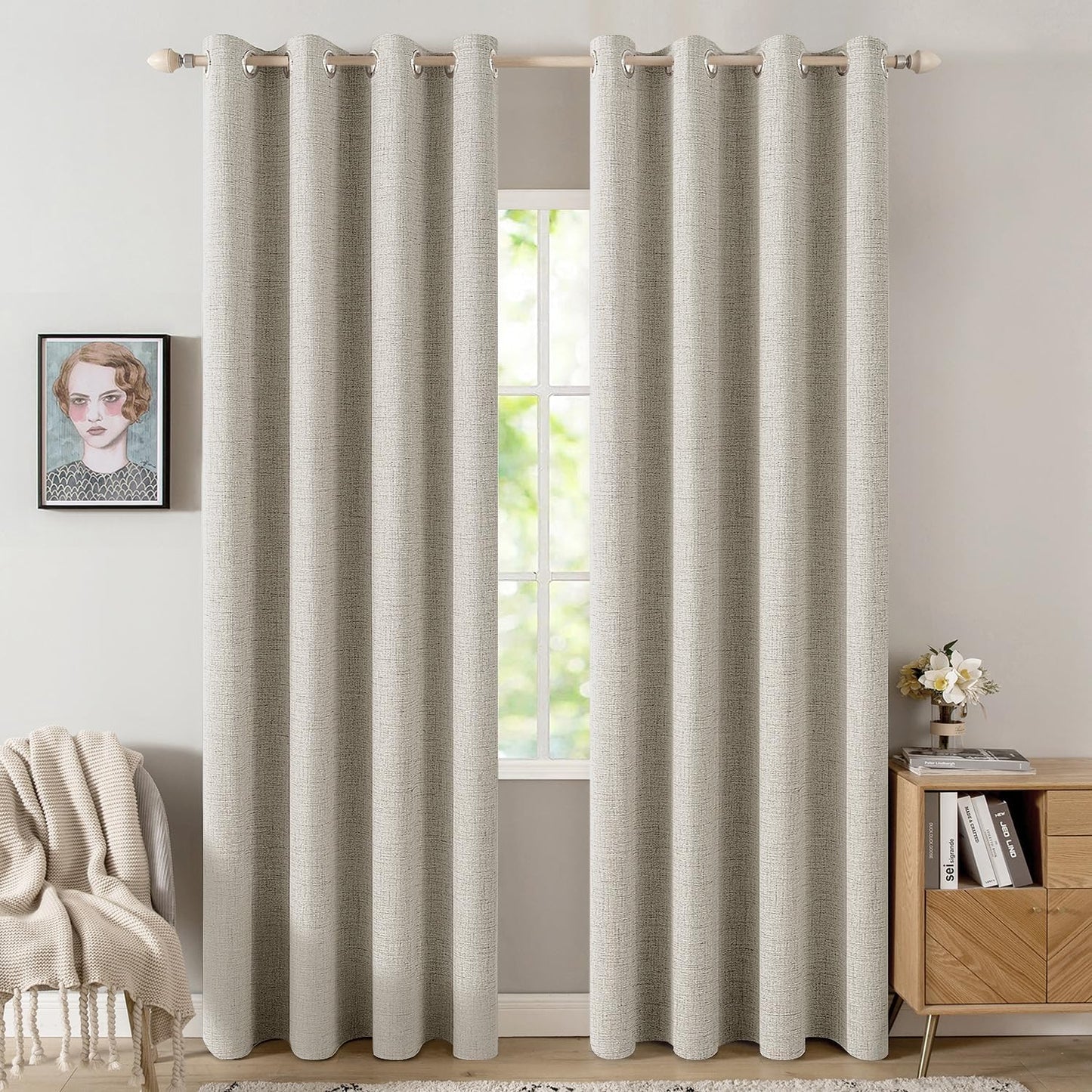 MIULEE 100% Blackout Linen Curtains - Thermal Insulated Grommet Drapes for Bedroom | Cobblestone, 52 x 96 Inch (2 Panels)