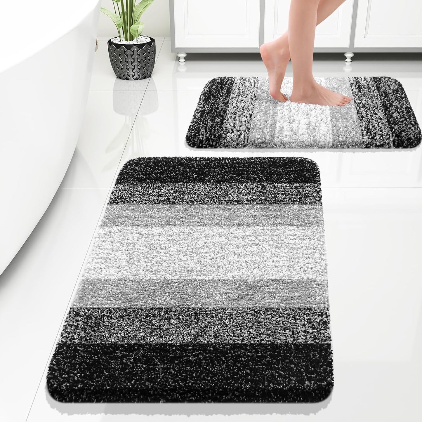 OLANLY Bathroom Rug Set - Soft Absorbent Microfiber Mats | Non-Slip, Plush Shaggy, Black (30"x20"+24"x16")