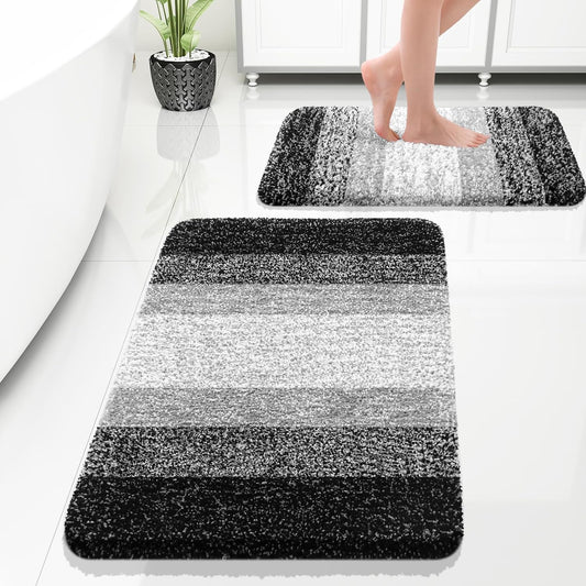OLANLY Bathroom Rug Set - Soft Absorbent Microfiber Mats | Non-Slip, Plush Shaggy, Black (30"x20"+24"x16")