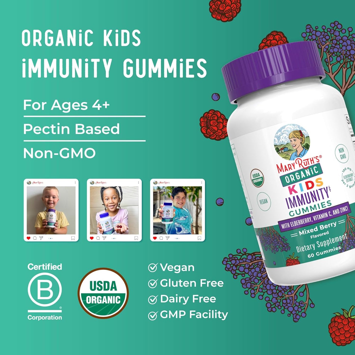 MaryRuth Organics Kids Immune Support Gummies - USDA Organic Vitamin C, Zinc & Elderberry | Vegan, Non-GMO, Gluten Free | 60 Count