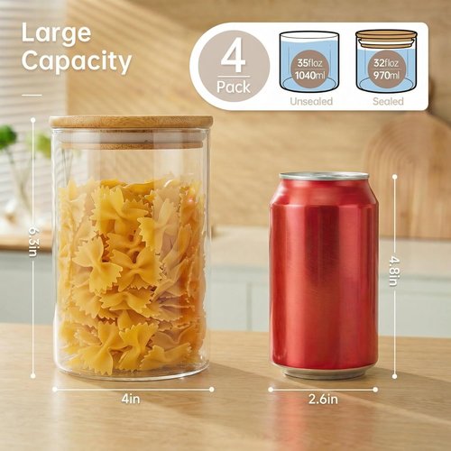 32oz Glass Jars - 4 Pack with Bamboo Lids | Airtight Food Storage Containers for Kitchen Organization