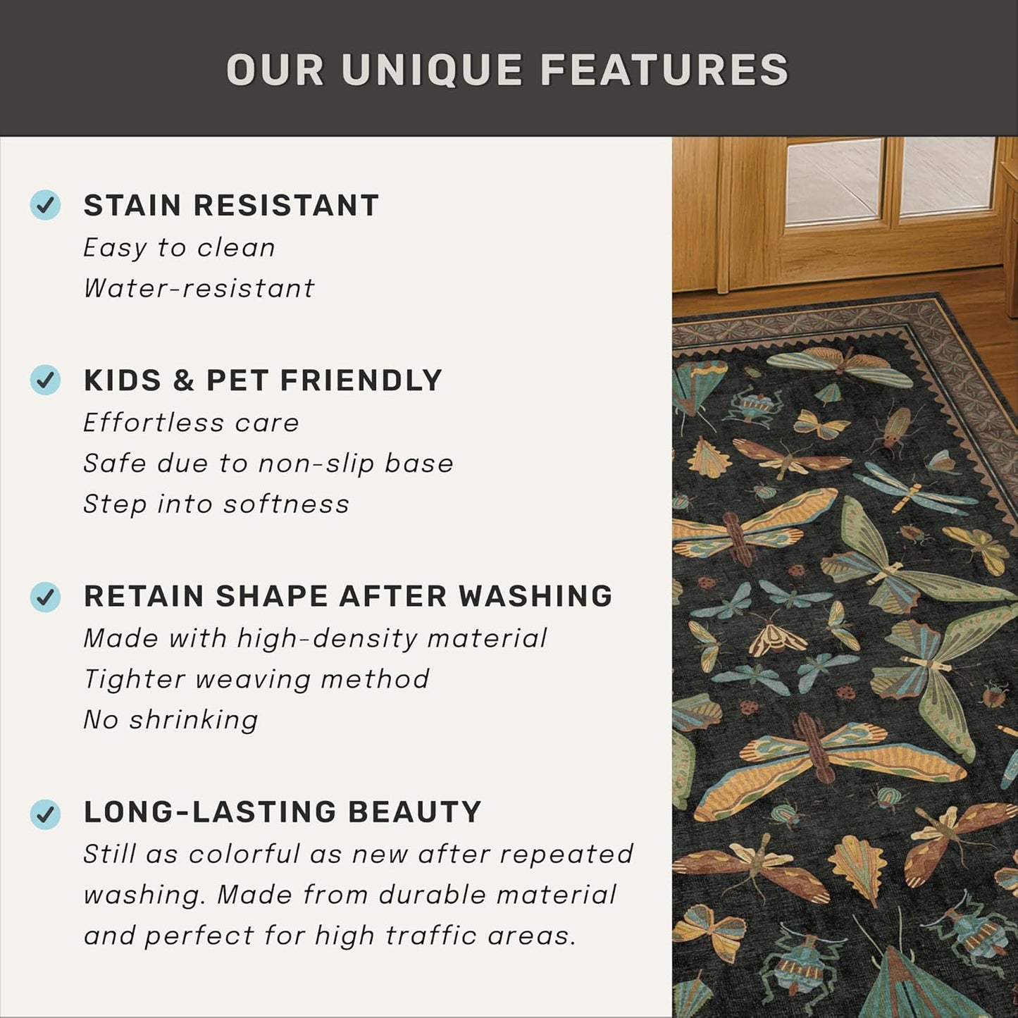 Skiennix Black Insect Washable Non-Slip Runner Rug - 2'6"x8' Stain-Resistant for Kitchen & Hallways | Dark Floral Boho Decor