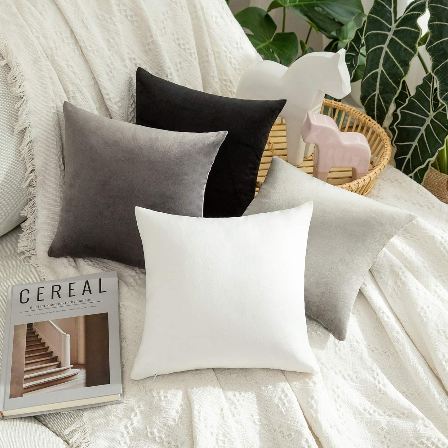 MIULEE Velvet Pillow Covers - Soft Decorative Square Cushion Cases for Couch & Sofa | 12x12 Inch Pure White (Pack of 2)