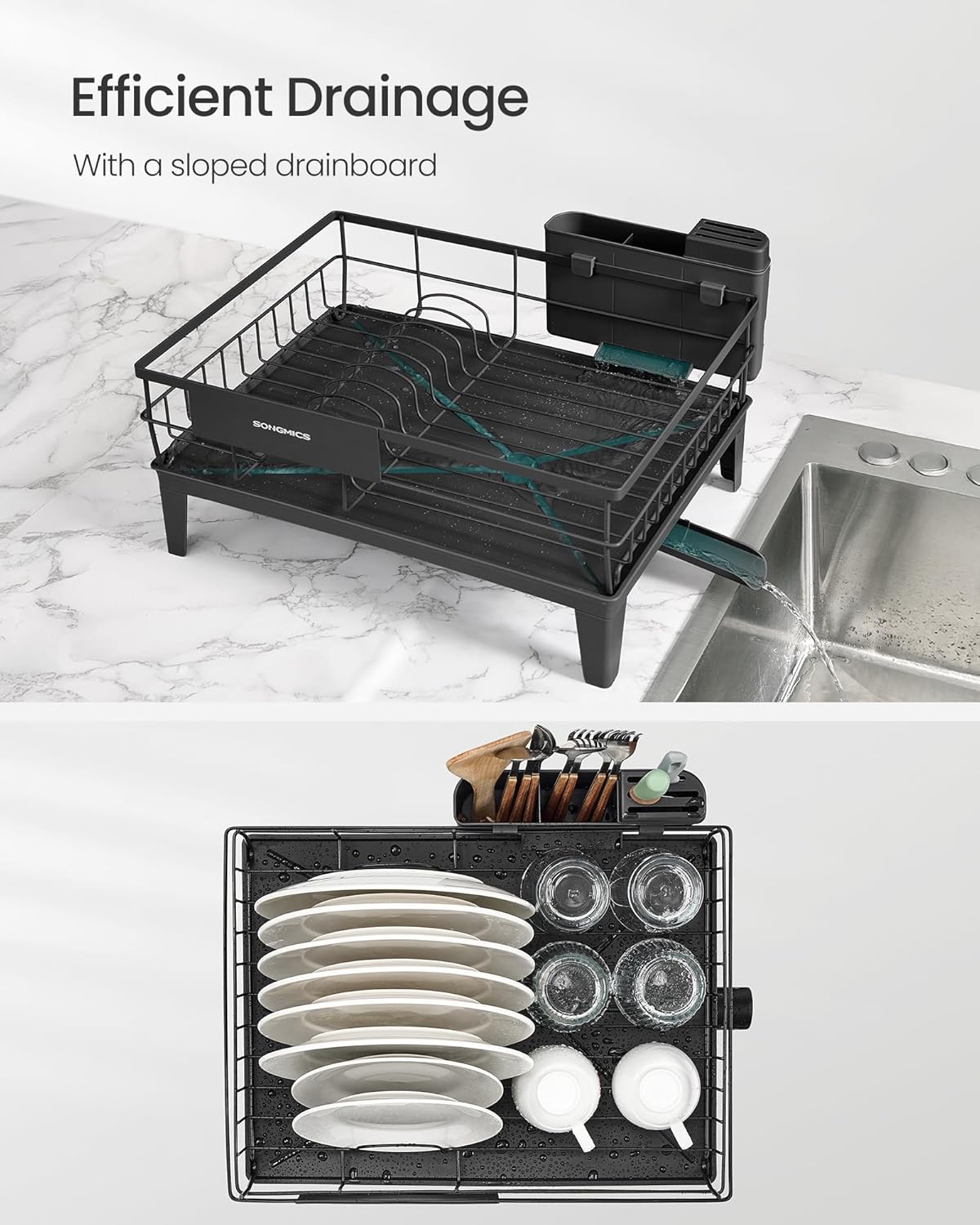 SONGMICS Dish Drying Rack - 360° Rotatable & Extendable Spout with Cutlery Holder | Ink Black, 12.2 x 16.5 x 7.3 Inches