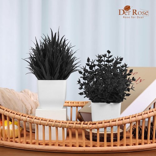 Der Rose Mini Black Fake Plants - 2 Pack Artificial Potted Decor for Halloween & Home Office