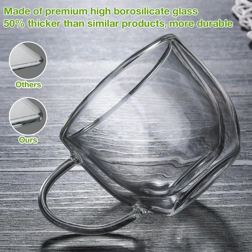Double Walled Glass Coffee Mugs Set of 2, 8 oz Hand Blown Insulated mugs with Handle, Clear Coffee Mugs for Cappuccino, Latte, Espresso, Americano, Tea Bag, Beverage Glasses Heat Resistant Coffee Cups
