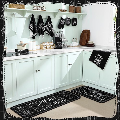 Fourluoo 10 Pcs Farmhouse Kitchen Decor and Accessories Set 4 Kitchen Towels 2 Pot Holders 2 Oven Mitts 2 Rugs for Cooking Baking Mom Housewarming Gifts(Black,Classic Style)