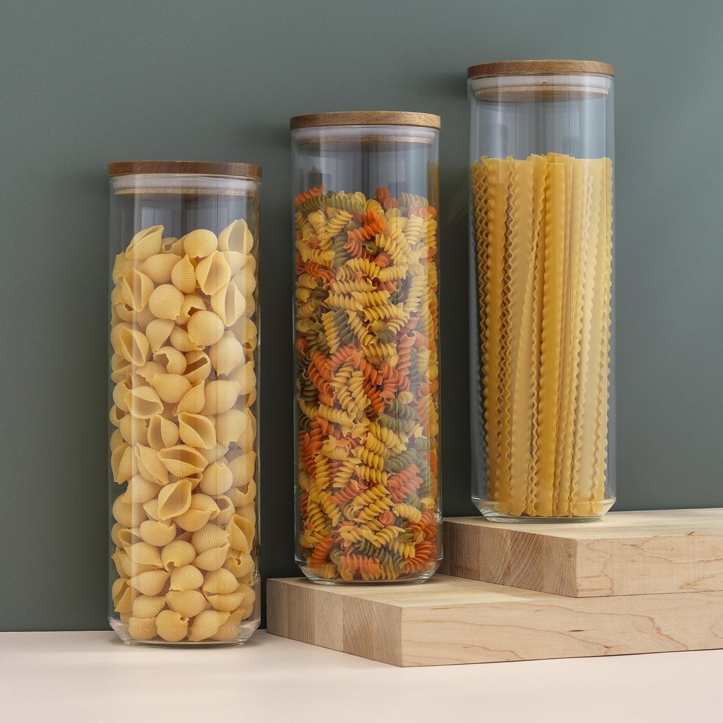 JoyJolt Holden 72oz Glass Storage Containers - Airtight Canister Set of 3 with Acacia Wood Lids for Pantry Organization