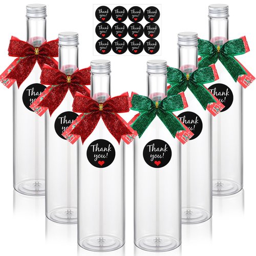 Baderke 6 Sets Christmas Plastic Wine Bottles 750ml with Caps Thank You Stickers Christmas Botellas Para Coquito Bottles Holiday Xmas Empty Brewing Wine Bottle for Kitchen Bar Party New Year(Classic)
