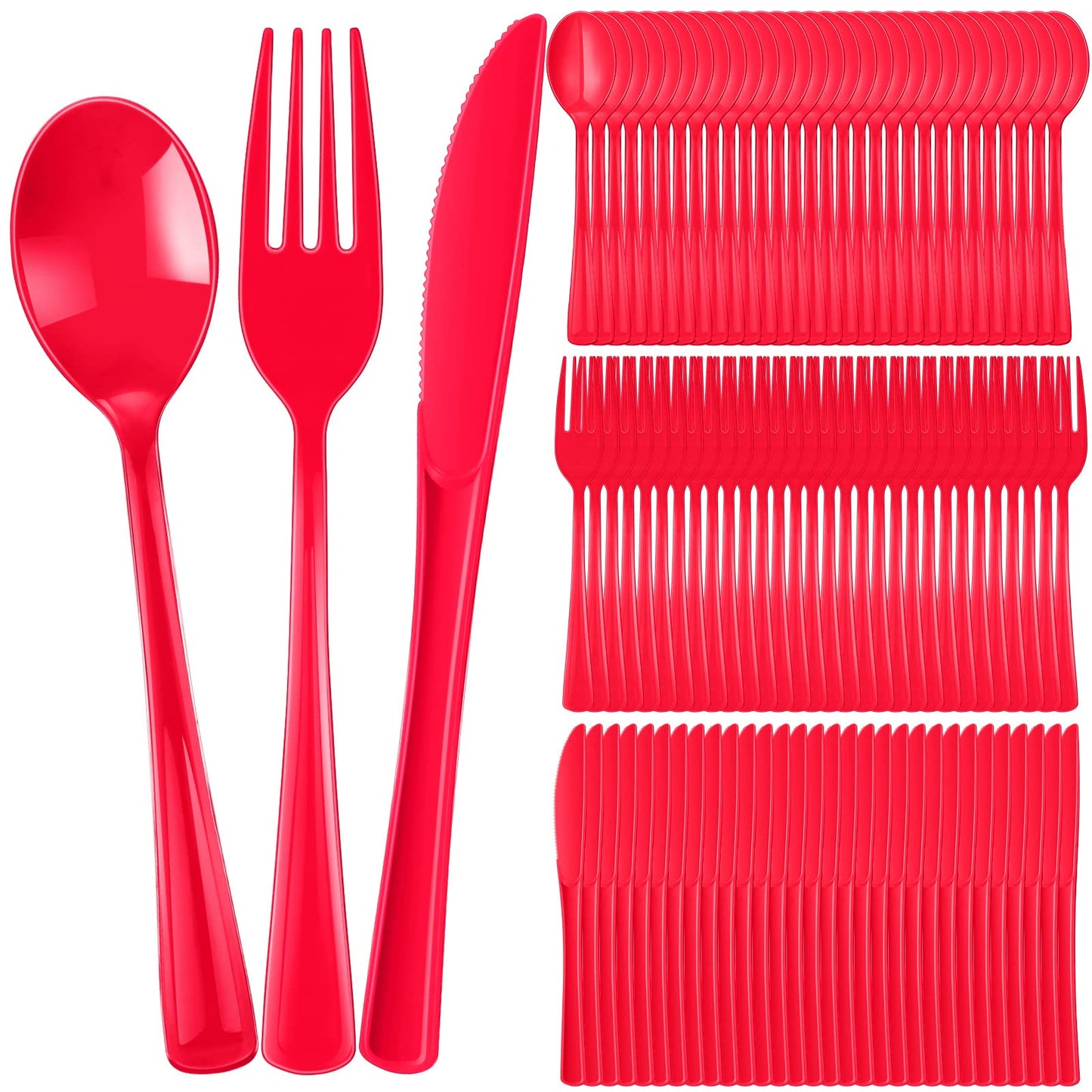 300 Pcs Plastic Silverware Heavy Duty Cutlery Set Plastic Utensils Set Includes 100 Disposable Spoons 100 Forks Knives for Parties Catering Family Gathering(Red)