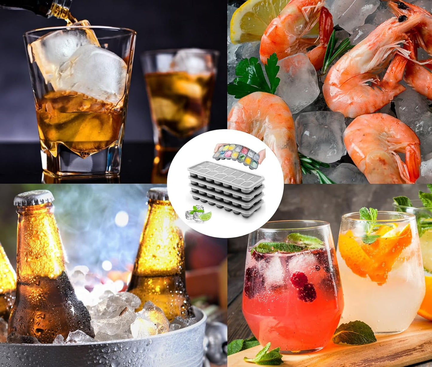 Skiennix Silicone Ice Cube Tray - Easy-Release 4 Pack with Spill-Resistant Lids | Stackable Design for Freezer