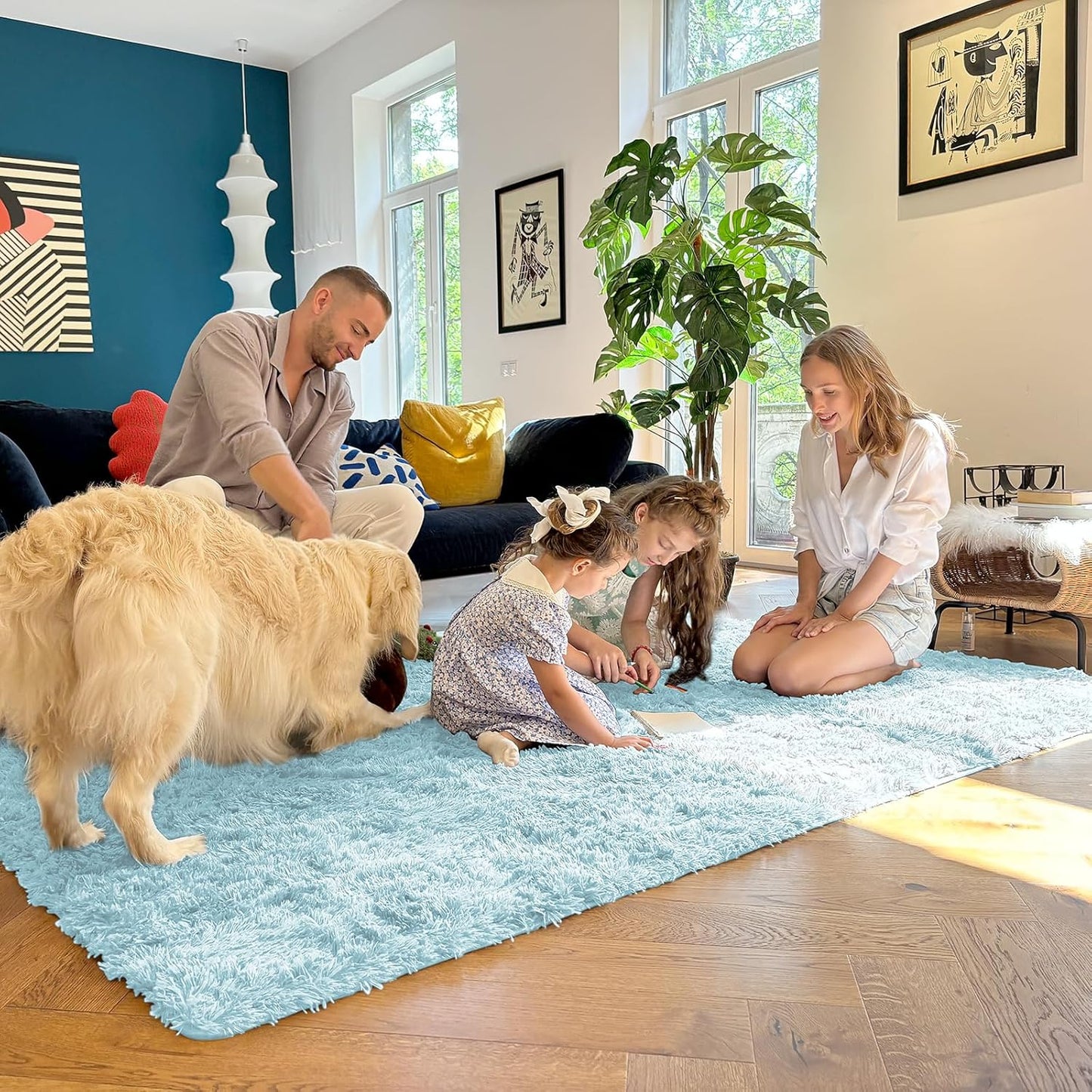 OLANLY Large Area Rug - Soft Fluffy Shaggy Carpet for Living Room & Bedroom | 8x10 Light Blue