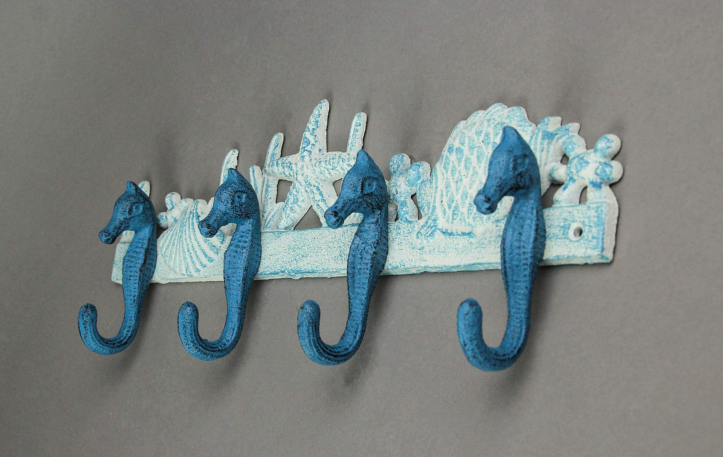 Zeckos Enchanting Blue and White Cast Iron Seahorse Nautical Sea Life Decorative Wall Hook, Towel Hanger or Coat Rack - Perfect Beach Home and Coastal Accent