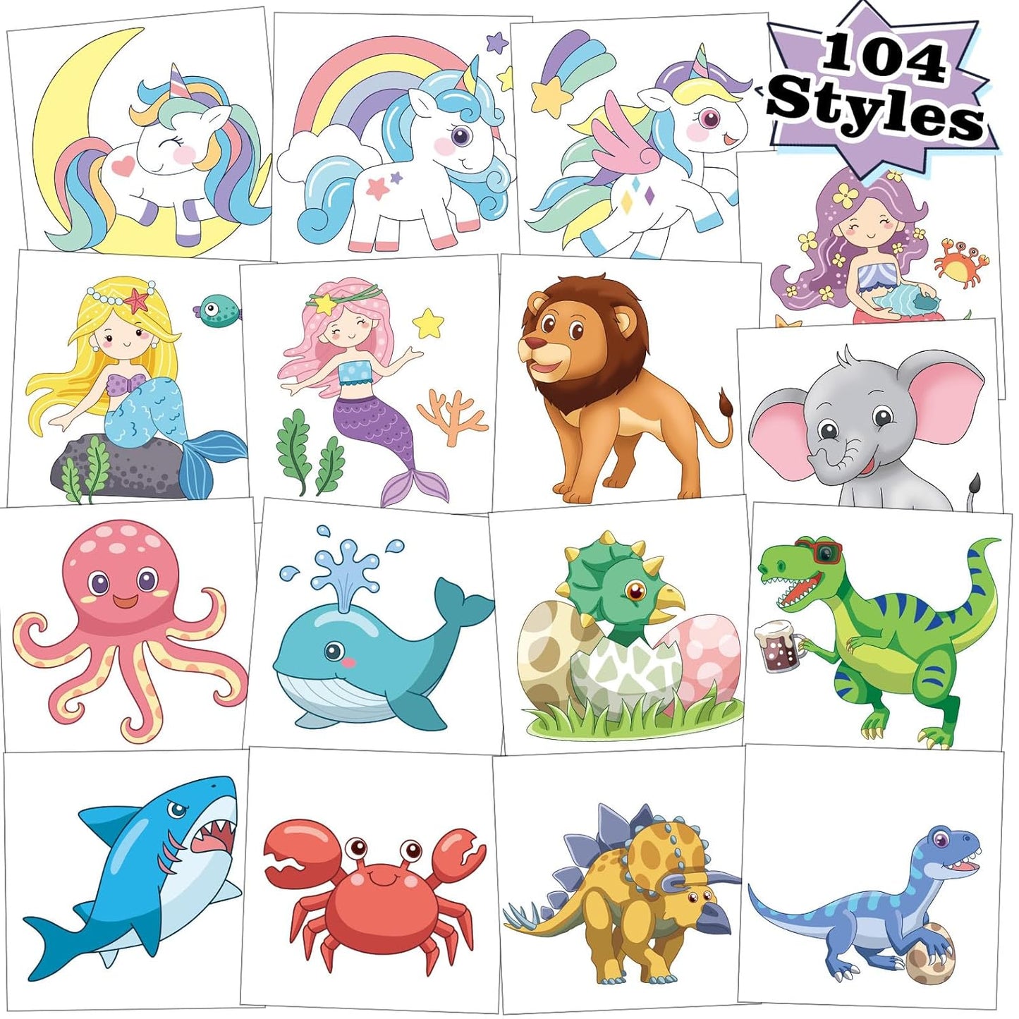 Skiennix 104 PCS Kids Temporary Tattoos - Fun Dinosaur, Unicorn & Mermaid Designs for Birthday Parties