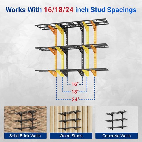 FLEXIMOUNTS 3-Tier Garage Storage Wall Shelving - Adjustable Heavy-Duty Floating Shelves | 600lbs Capacity, Black
