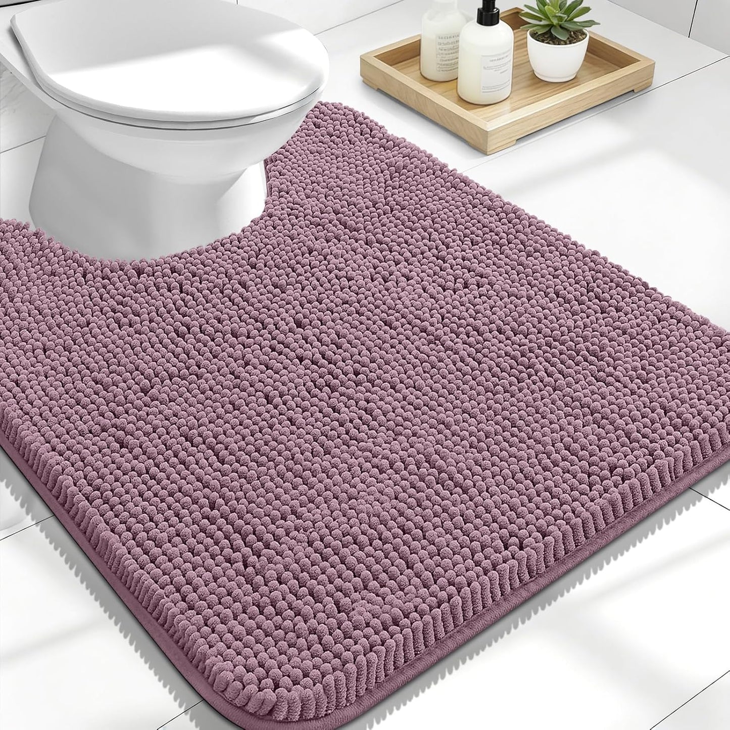 OLANLY U-Shaped Toilet Rugs - Extra Soft Chenille Bathroom Mat | 24x20, Quick-Dry, Non-Slip, Deep Plum