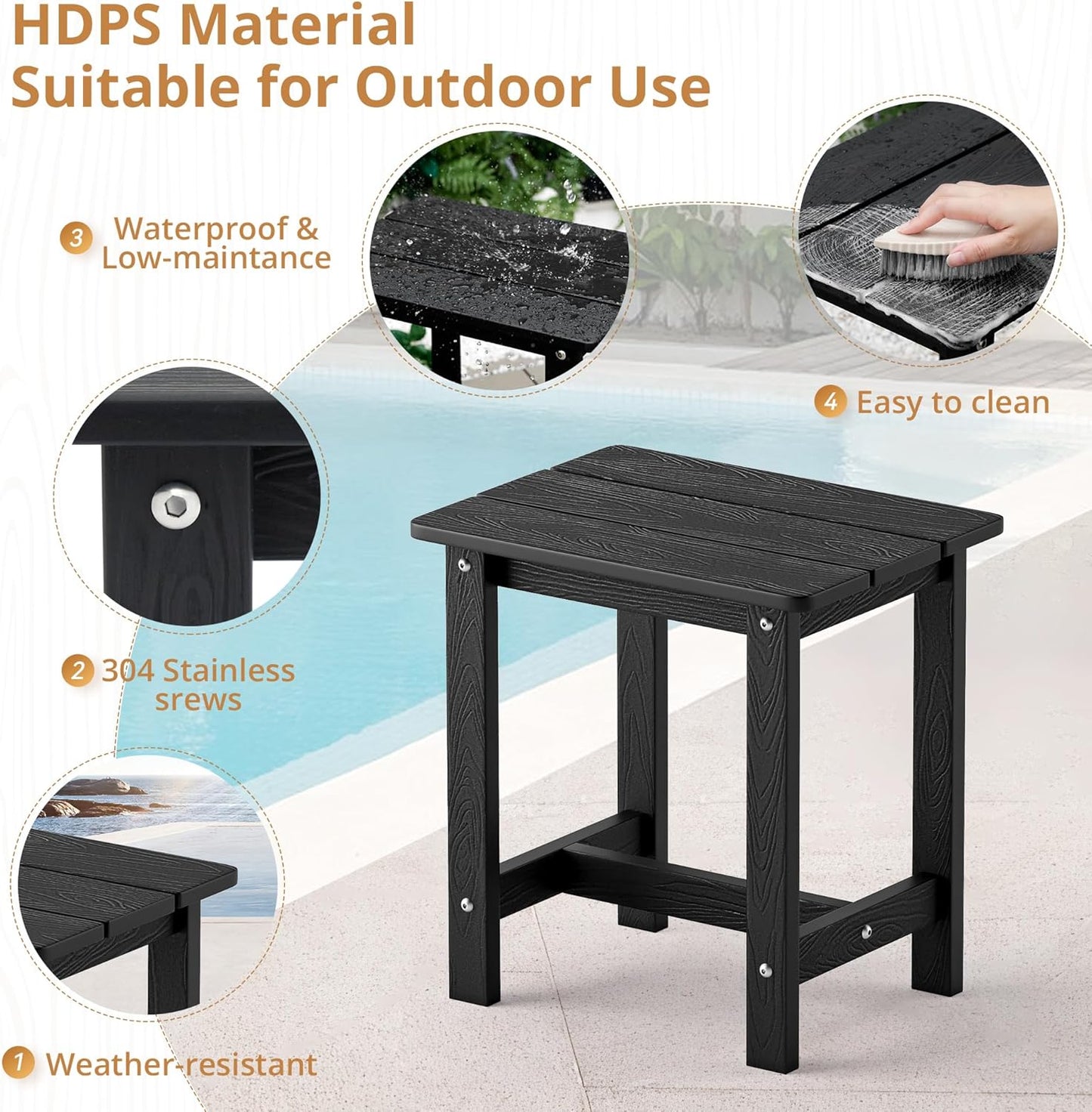 LUE BONA Outdoor Side Table - Weather Resistant HDPS Adirondack Design | Black, Easy Maintenance for Patio & Pool