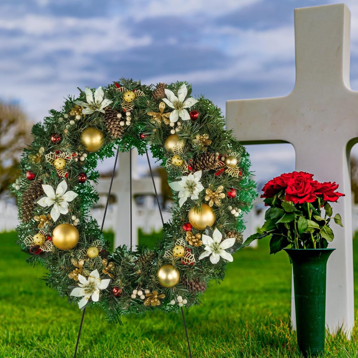 Soaoo Christmas Wreath Stand - Metal Easel Holder for Cemetery Grave Flowers | 30-Inch Size