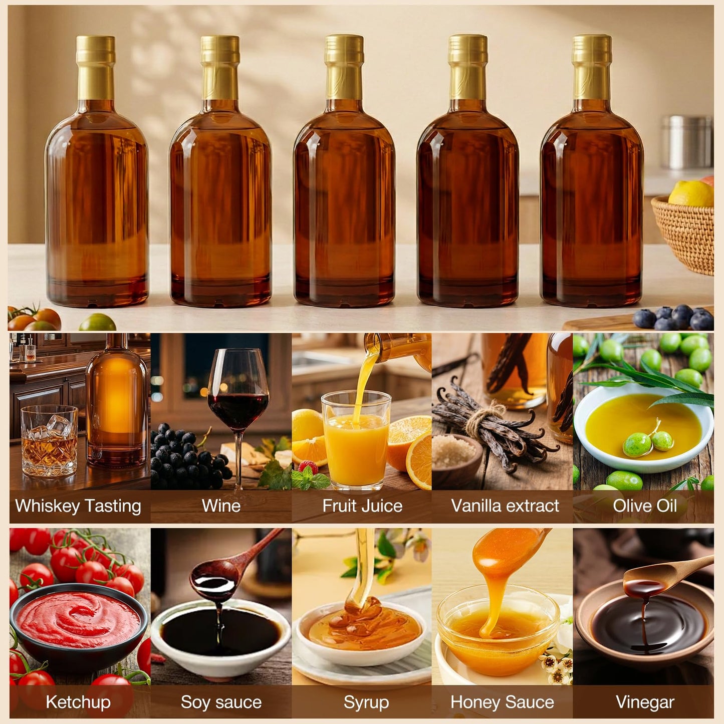 TBWIND 4 Pack 25oz Amber Glass Liquor Bottles with T-Top Cork Stoppers, 750ml Refillable Bottles for Homemade Spirits, Wine, Whiskey, Extracts & Oils, Includes Funnels & Labels