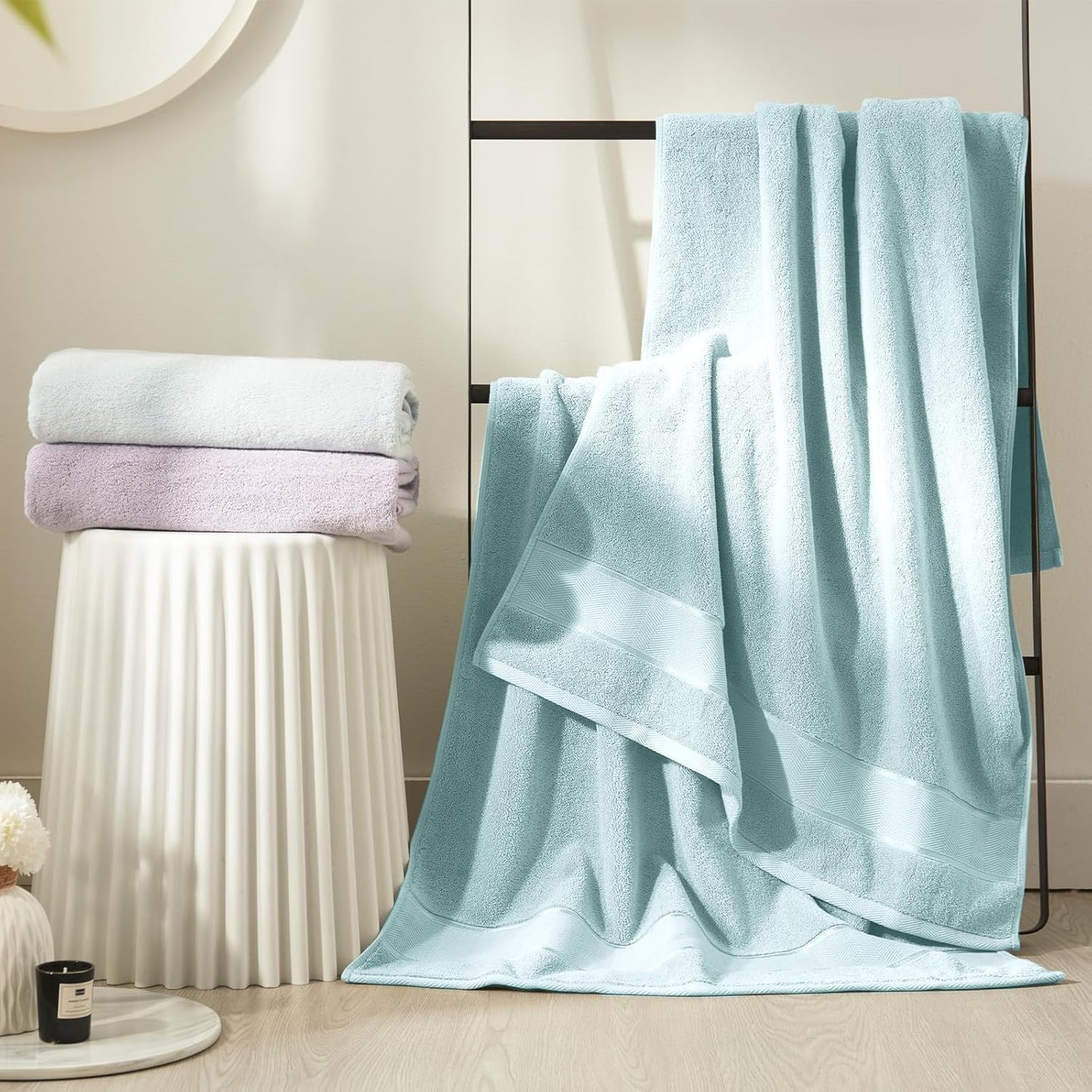 Marvione 6-Piece Bath Towels Set - 100% Turkish Cotton, Highly Absorbent & Soft | Light Aqua Blue