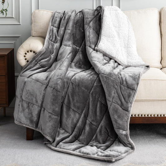Weighted Blanket Queen Size 15lbs 60x80 inches, Uttermara Sherpa Weighted Blankets with Soft Plush Fleece, Cozy Warm White Sherpa Snuggle Thick Heavy Blanket Great for Sleep and Calming, Grey