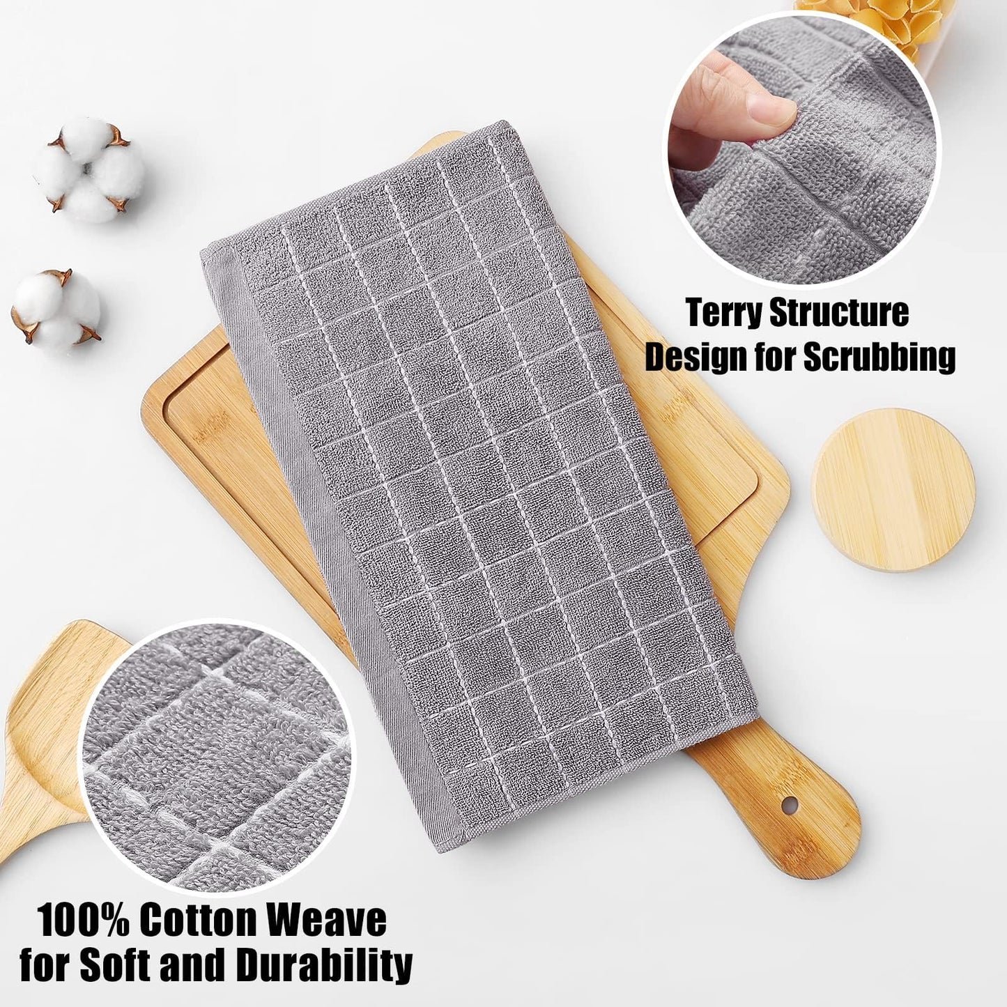 Homaxy 100% Cotton Terry Kitchen Dish Cloths, Ultra Soft and Absorbent Dish Towels for Kitchen, Suitable for Drying and Washing Dishes, 12 Pack, 12 x 12 Inches, Light Grey