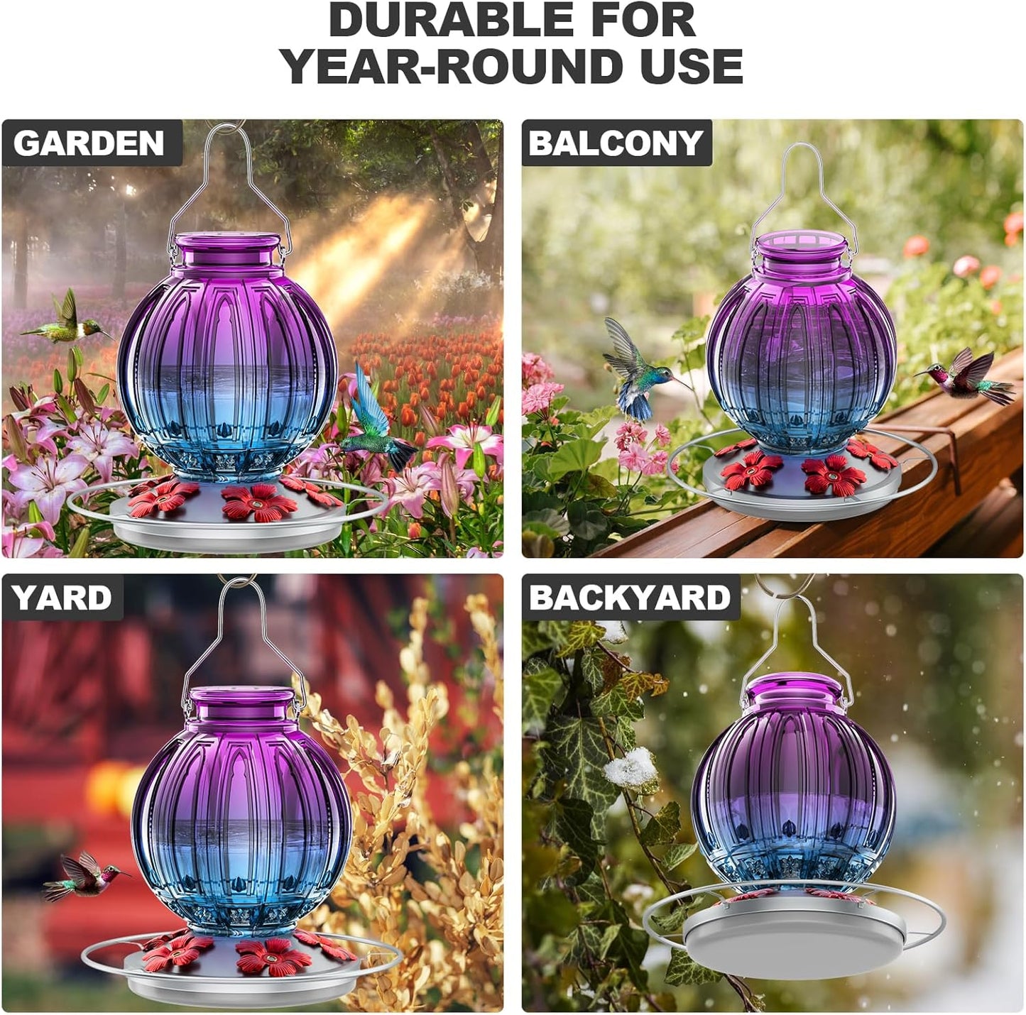 Skiennix Glass Hummingbird Feeder - 26Oz Outdoor Nectar Feeder with Perch & 5 Feeding Ports | Purple Blue