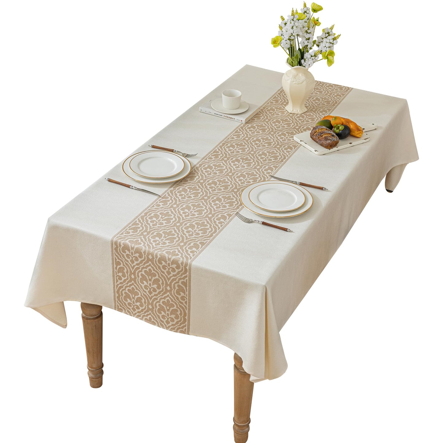 UWWGKK Nordic Beige Rectangular Tablecloth, Premium Drape, Water & Stain Resistant, Elegant Rectangle Table Cover for Dining, Kitchen, Party, Home Decor