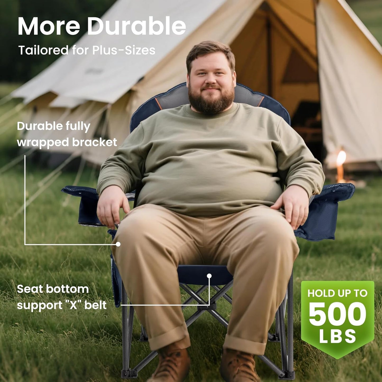 Skiennix Oversized Camping Chair - Heavy Duty Portable Folding Design with Cup Holder & Waterproof Phone Case | Blue & Gray, XL