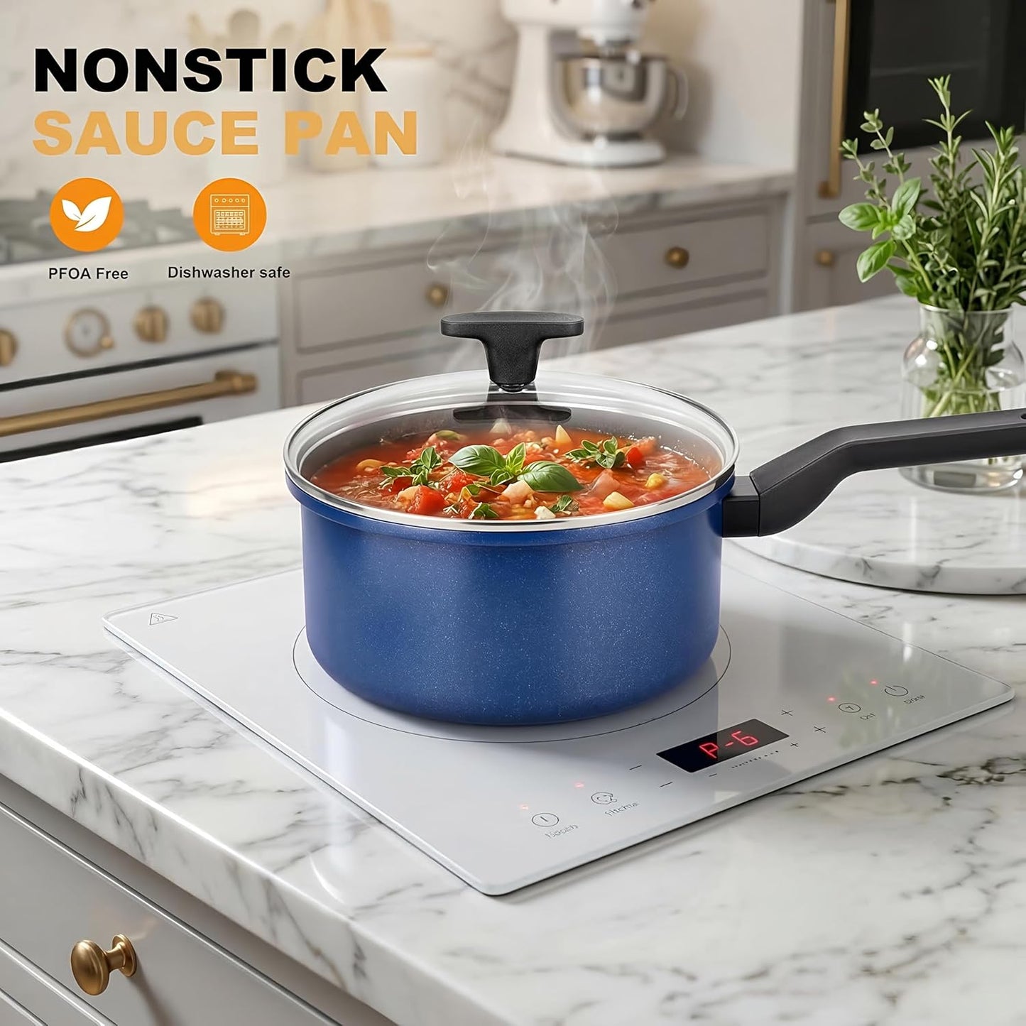 Skiennix Nonstick Sauce Pan - 1.5QT Induction Pot with Lid | PFOA Free, Black Finish
