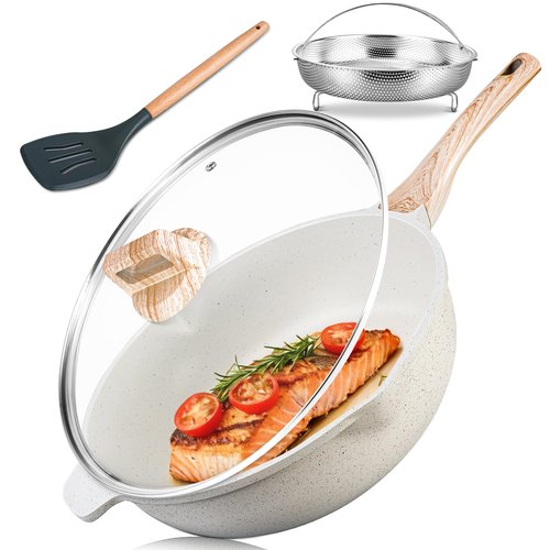 AOSION 12 Inch Nonstick Ceramic Deep Frying Pan Skille with Lid,5.5QT Sauté Pan for Cooking with Steam Rack,Healthy Large Skillet,Stay Cool Handle, Induction Compatible, PFOA & PFAS Free. (WHITE)